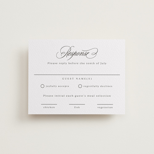 This is a soft black rsvp cards with letterpress by Olivia Raufman called ambrose printing on somerset500 in standard