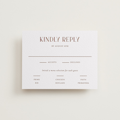 This is a burnt sienna rsvp cards with letterpress by Vanessa Doyle called chic printing on somerset500 in standard