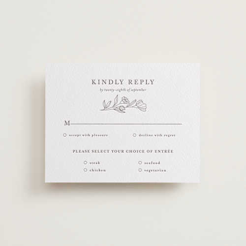 This is a graphite rsvp cards with letterpress by Deynaaz Daraei called bouvardia printing on somerset500 in standard