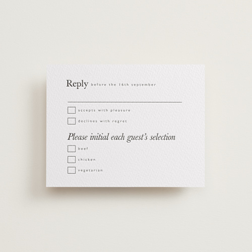 This is a soft black rsvp cards with letterpress by Hudson meet Rose called westin printing on somerset500 in standard