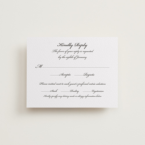 This is a midnight rsvp cards with letterpress by Clover and Lamb called astor elegance printing on somerset500 in standard