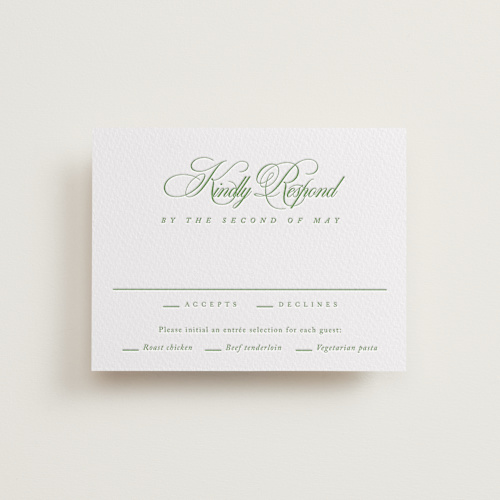This is a cucumber rsvp cards with letterpress by Kelly Schmidt called chic script printing on somerset500 in standard