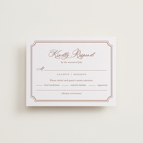 This is a dusty rose rsvp cards with letterpress by Jennifer Postorino called avery printing on somerset500 in standard