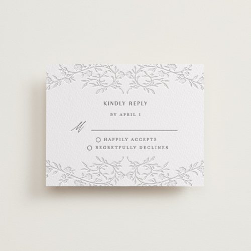 This is a gravel rsvp cards with letterpress by Nicoletta Savod called delicately printing on somerset500 in standard
