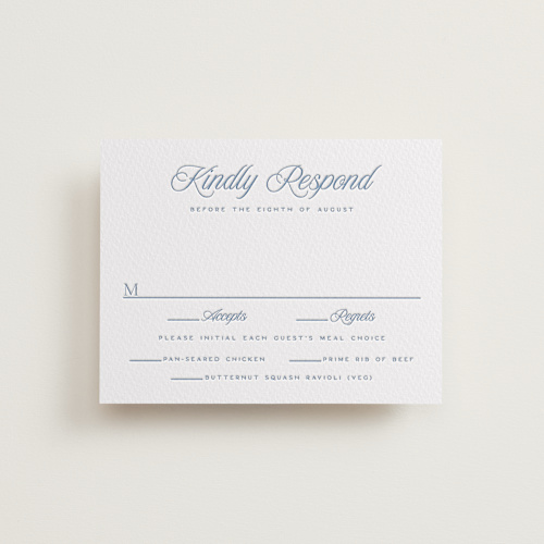 This is a provincial blue rsvp cards with letterpress by Hooray Creative called blue crest printing on somerset500 in standard