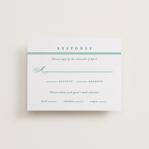 This is a shamrock rsvp cards with letterpress by Olivia Raufman called hartford printing on somerset500 in standard