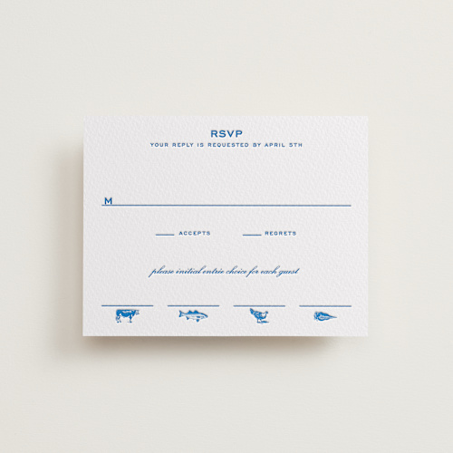 This is a sapphire rsvp cards with letterpress by Megan Davis called brasserie printing on somerset500 in standard