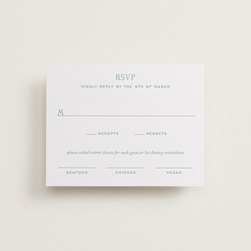 This is a seafoam rsvp cards with letterpress by Megan Davis called isle printing on somerset500 in standard