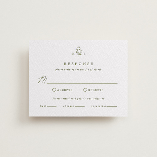 This is a pistachio rsvp cards with letterpress by Olivia Raufman called posy printing on somerset500 in standard