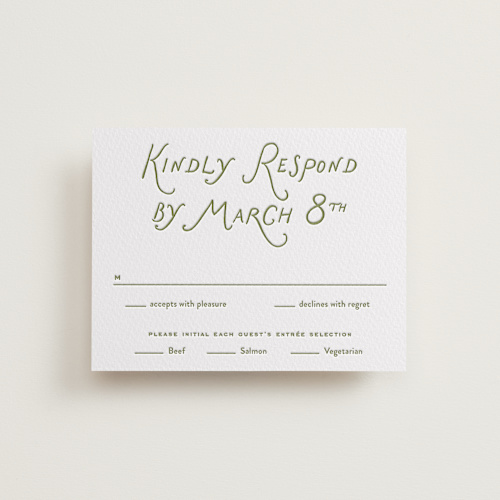 This is a pistachio rsvp cards with letterpress by Oscar and Emma - Karly Depew called marshland printing on somerset500 in standard