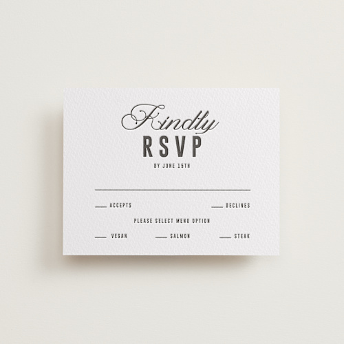 This is a soft black rsvp cards with letterpress by Sumak Studio called bold & elegant printing on somerset500 in standard