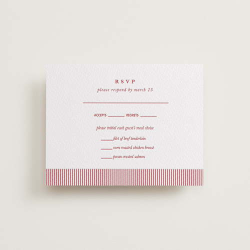 This is a scarlet rsvp cards with letterpress by Charter Oaks Creative called classic cherries printing on somerset500 in standard