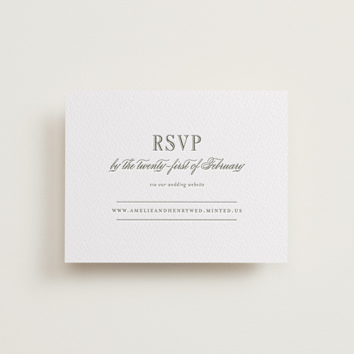 This is a moss rsvp cards with letterpress by Megan Davis called hepburn printing on somerset500 in standard
