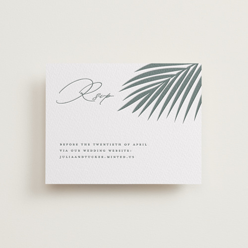This is a stone rsvp cards with letterpress by Lauren Chism called faded palm printing on somerset500 in standard
