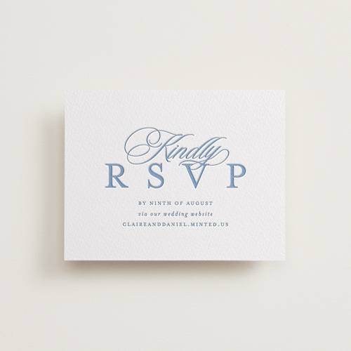 This is a provincial blue rsvp cards with letterpress by Creo Study called aristocratic printing on somerset500 in standard