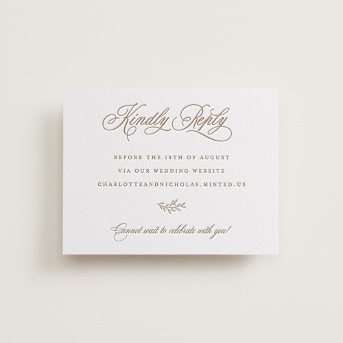 This is a matte gold rsvp cards with letterpress by Hooray Creative called vineyard script printing on somerset500 in standard