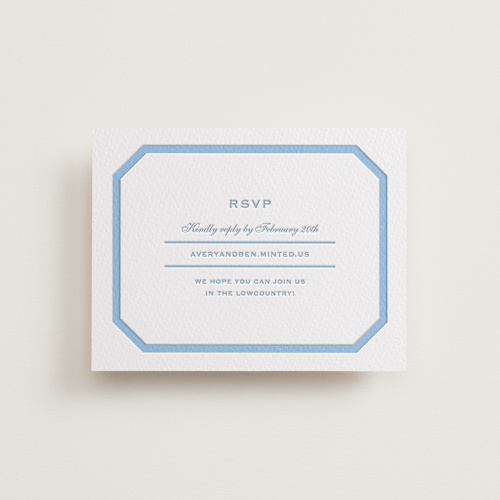 This is a sky blue rsvp cards with letterpress by Megan Davis called danbury printing on somerset500 in standard