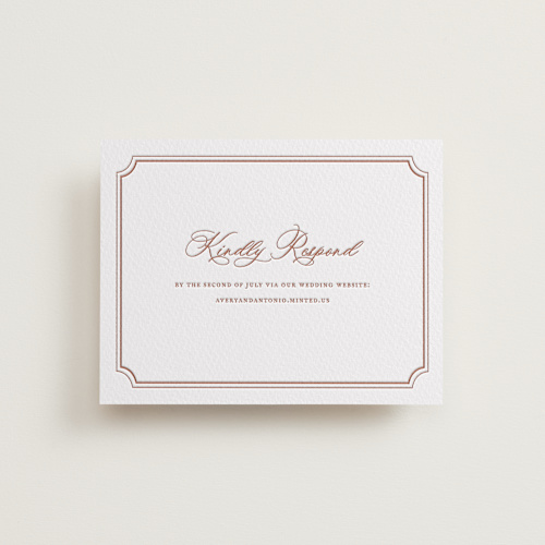 This is a dusty rose rsvp cards with letterpress by Jennifer Postorino called avery printing on somerset500 in standard