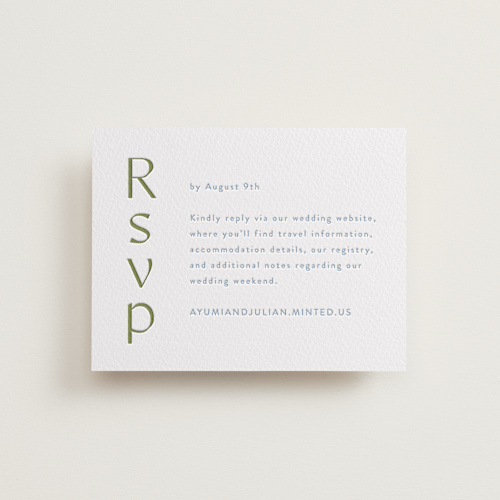 This is a pistachio rsvp cards with letterpress by Melanie Kosuge called ayumi printing on somerset500 in standard