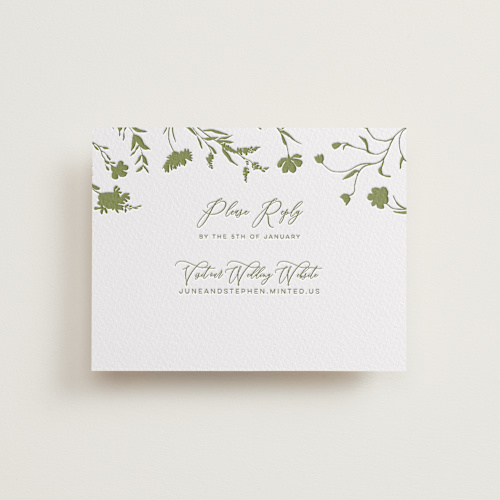 This is a pistachio rsvp cards with letterpress by Erin Hodges called untied printing on somerset500 in standard
