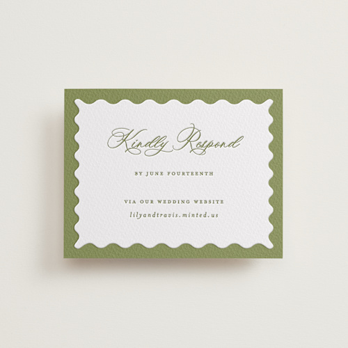 This is a pistachio rsvp cards with letterpress by Sarah Knight called ethereal gardens printing on somerset500 in standard