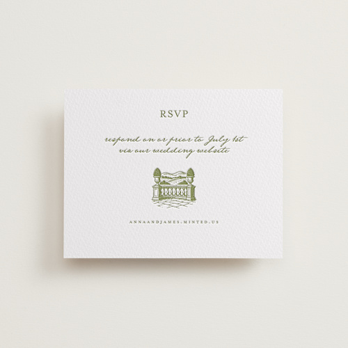 This is a pistachio rsvp cards with letterpress by Maja Cunningham called villa printing on somerset500 in standard