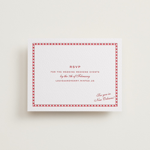 This is a scarlet rsvp cards with letterpress by Megan Davis called larkin printing on somerset500 in standard