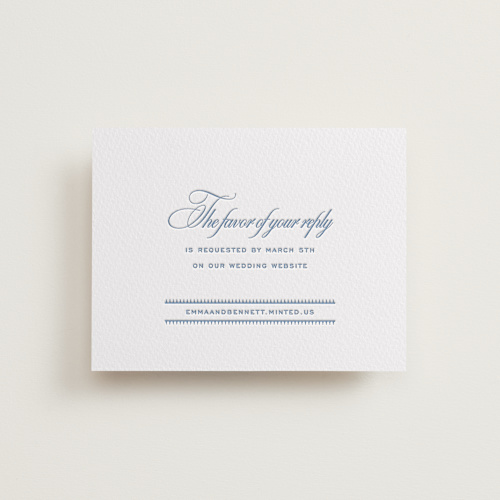 This is a provincial blue rsvp cards with letterpress by Megan Davis called maison printing on somerset500 in standard