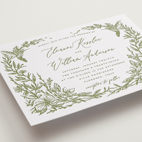 This is a pistachio letterpress wedding invitations with letterpress by Grae called eden printing on somerset500 in standard