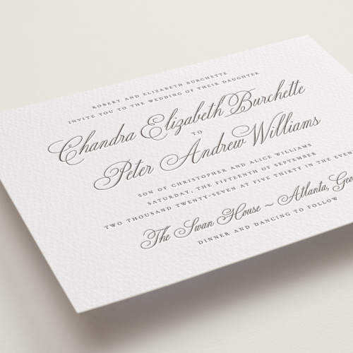 This is a graphite letterpress wedding invitations with letterpress by Wildfield Paper Co called calligraphie printing on somerset500 in standard