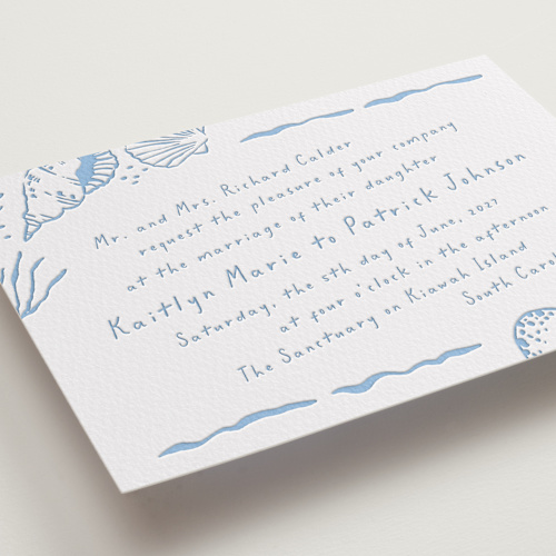 This is a sky blue letterpress wedding invitations with letterpress by Oscar and Emma - Karly Depew called shoreline printing on somerset500 in standard