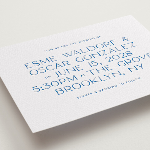 This is a sapphire letterpress wedding invitations with letterpress by Ellen Schlegelmilch called brooklyn printing on somerset500 in standard