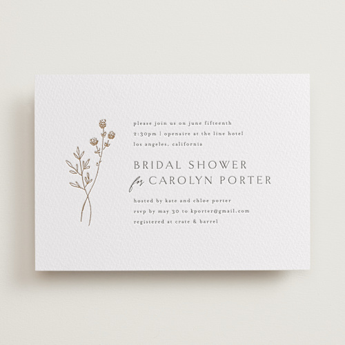 This is a matte gold bridal shower invitations with letterpress by Kelly Schmidt called rustic elegance printing on somerset500 in standard