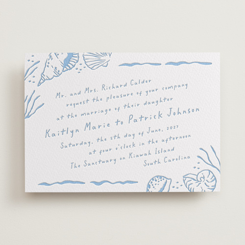 This is a sky blue letterpress wedding invitations with letterpress by Oscar and Emma - Karly Depew called shoreline printing on somerset500 in standard
