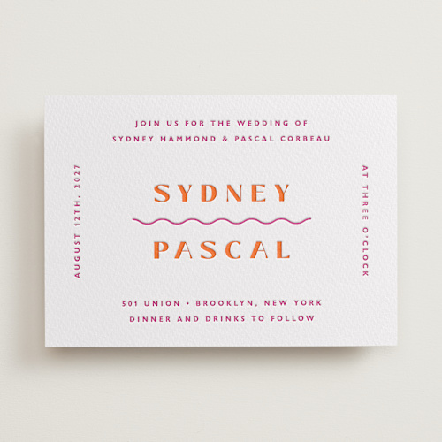 This is a fuchsia letterpress wedding invitations with letterpress by Olivia Raufman called tanti baci printing on somerset500 in standard