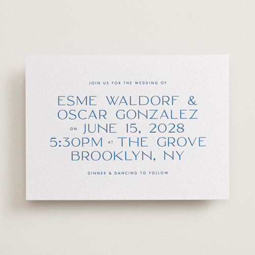 This is a sapphire letterpress wedding invitations with letterpress by Ellen Schlegelmilch called brooklyn printing on somerset500 in standard