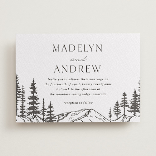 This is a soft black letterpress wedding invitations with letterpress by Winston Latchman called mountain pines printing on somerset500 in standard