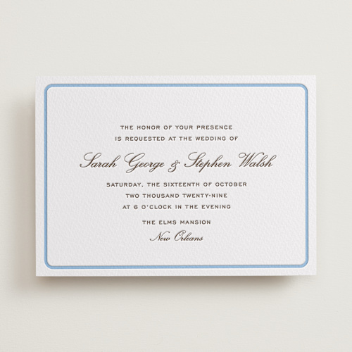 This is a sky blue letterpress wedding invitations with letterpress by Megan Davis called aperitif printing on somerset500 in standard