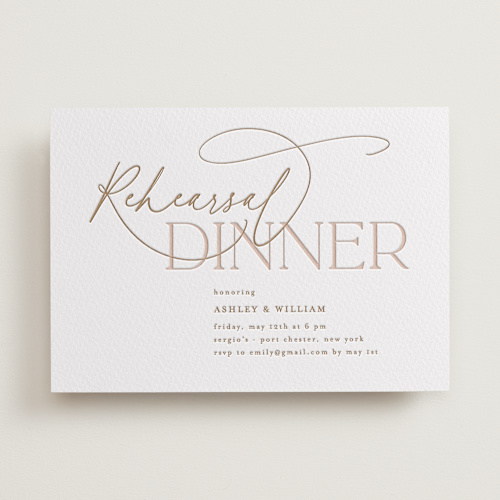 This is a matte gold rehearsal dinner invitations with letterpress by Nicole Barreto called typographical printing on somerset500 in standard