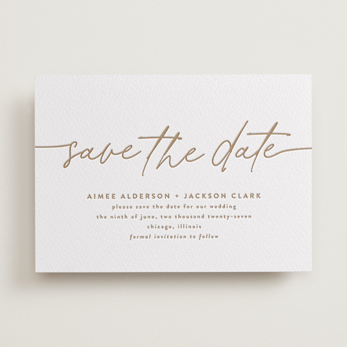 This is a matte gold save the date with letterpress by Susan Asbill called at last printing on coventry320 in standard
