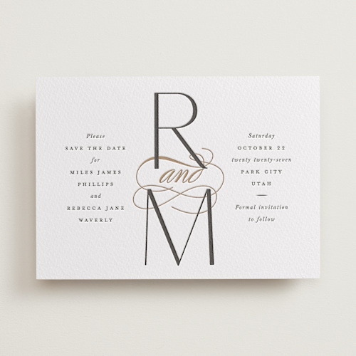 This is a soft black save the date with letterpress by Robert and Stella called norfolk printing on coventry320 in standard