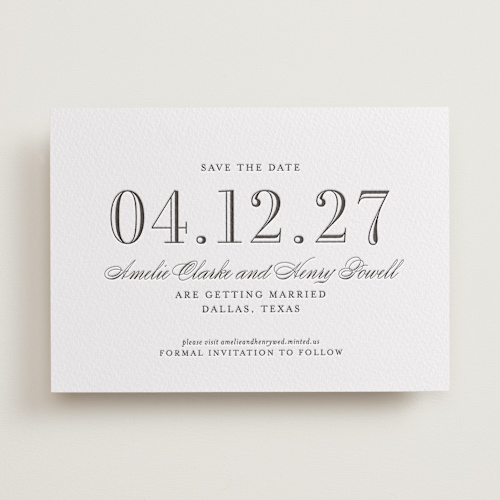 This is a soft black save the date with letterpress by Megan Davis called hepburn printing on somerset500 in standard