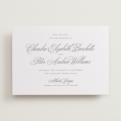This is a graphite save the date with letterpress by Wildfield Paper Co called calligraphie printing on somerset500 in standard