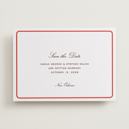 This is a verona sunset save the date with letterpress by Megan Davis called aperitif printing on somerset500 in standard