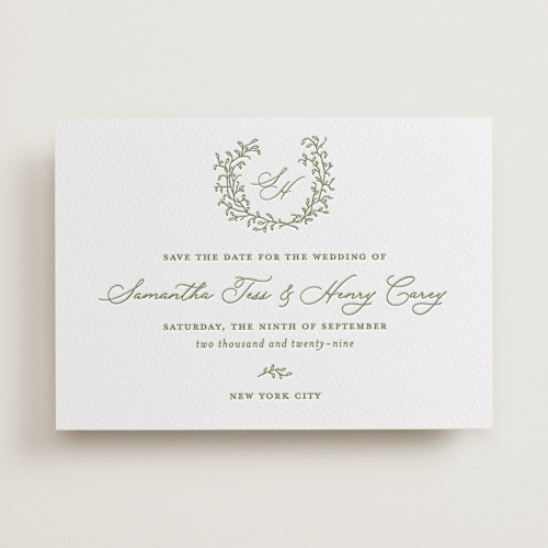 This is a pistachio save the date with letterpress by Katherine Moynagh called garden script printing on somerset500 in standard