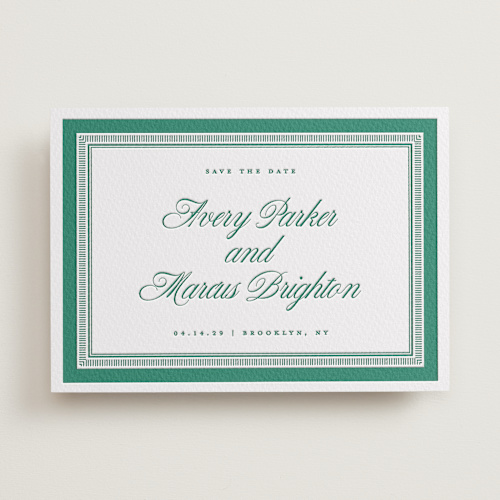 This is a cucumber save the date with letterpress by Kelly Watkins called archer printing on somerset500 in standard