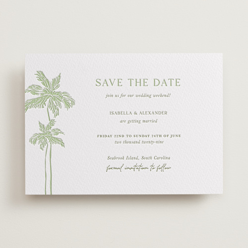 This is a tea green save the date with letterpress by Lucrecia Caporale called shoreline elegance printing on somerset500 in standard