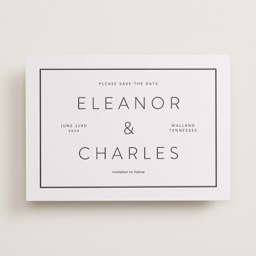 This is a soft black save the date with letterpress by Alston Foster called kismet printing on somerset500 in standard