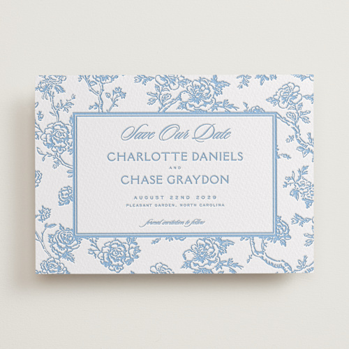 This is a sky blue save the date with letterpress by Jenna Holcomb called classic toile printing on somerset500 in standard