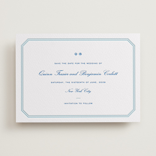 This is a sapphire save the date with letterpress by Megan Davis called brasserie printing on somerset500 in standard